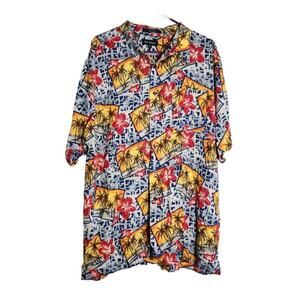 Marc Edwards Hawaiian Shirt Size XXL Tropical Postcard Palm Tree Yellow‎ Blue
